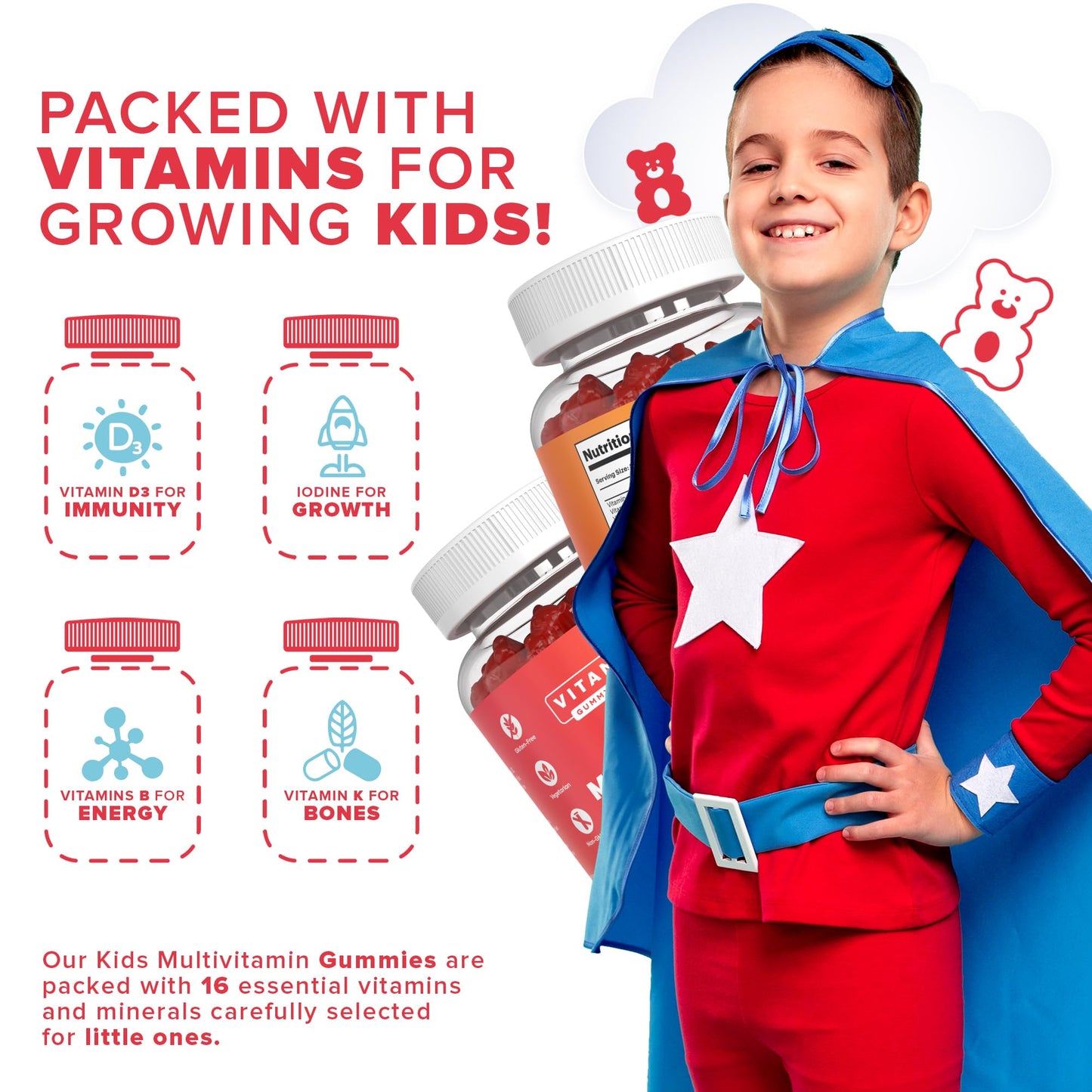 Vitammies Kids Vitamins | Kids Multivitamin Gummies | 3 Month Supply | 16 Essential Nutrients | Vitamin C, A, D3, B2, B6, B12, E, K, Biotin, Iodine, Zinc & More | Non-GMO, Vegetarian, Chewable, 90 Count, GMP