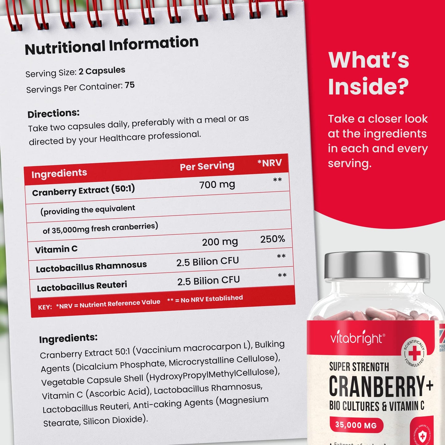 Cranberry Capsules 35,000mg High Strength - with Probiotics/Bio Cultures and Vitamin C - 150 Capsules - Advanced Cranberry Extract Supplement - Made in UK by VitaBright