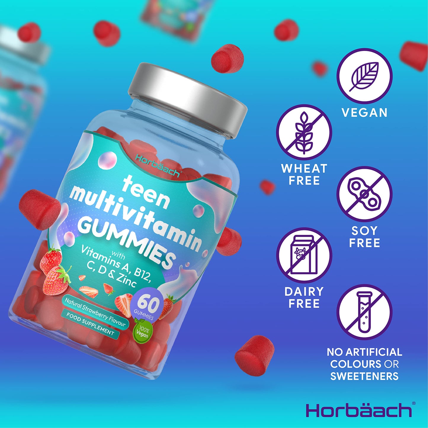Multivitamins for Teens | 60 Vegan Gummies | 14 Essential Nutrients | with Vitamin A, B12, C, D & Zinc | Natural Strawberry Flavour | by Horbaach