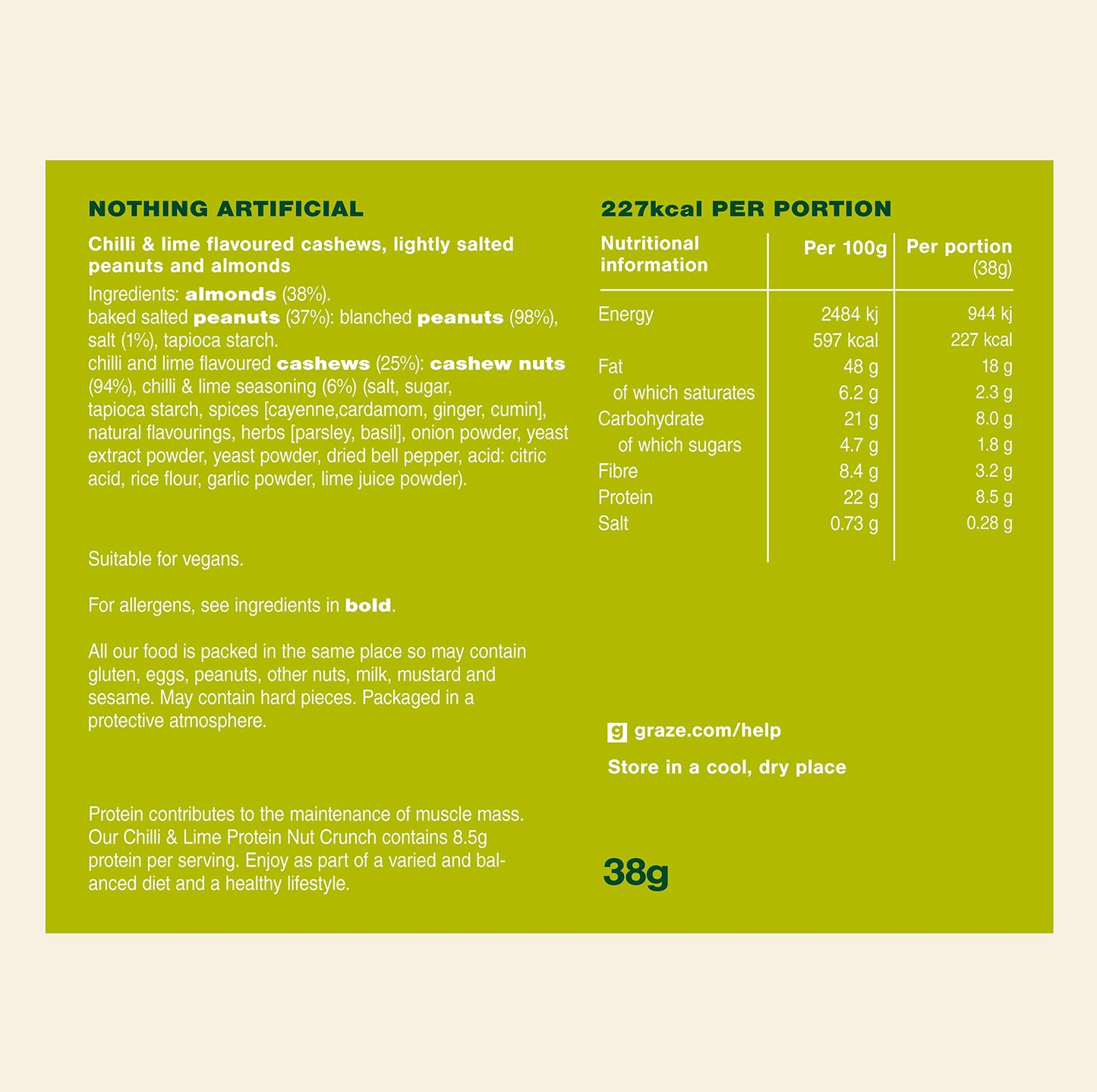 GRAZE Graze Punchy Chilli and Lime Nutty Protein Power - Vegan Snacks, Low calorie snacks - Natural Flavours - Packaging may vary - (9 x 38g Snacks)