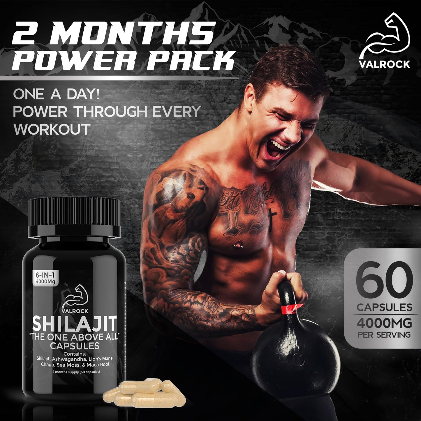 Shilajit 6-in-1 Capsules 4,000mg - Added Ashwagandha, Maca Root, Chaga & Sea Moss. 60 High Strength Muscle Building Capsules (2 Months Supply)