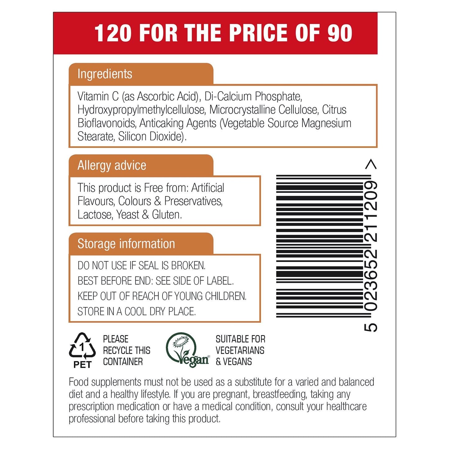 Natures Aid Time Release Vitamin C 1000mg with citrus bioflavonoids - 120 Tablets - Food Supplement