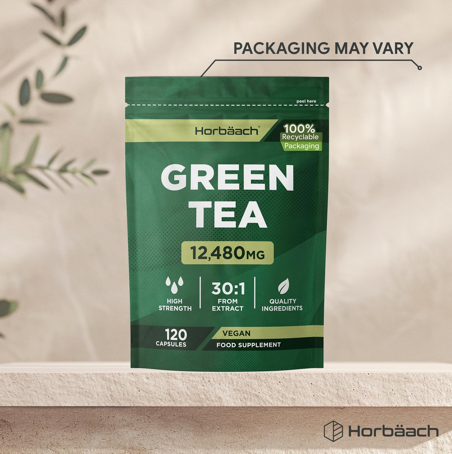Horbäach Green Tea Capsules 12,480mg | High Strength Green Tea Extract | Contains Polyphenols | 120 Powder Capsules | Vegan | by Horbaach