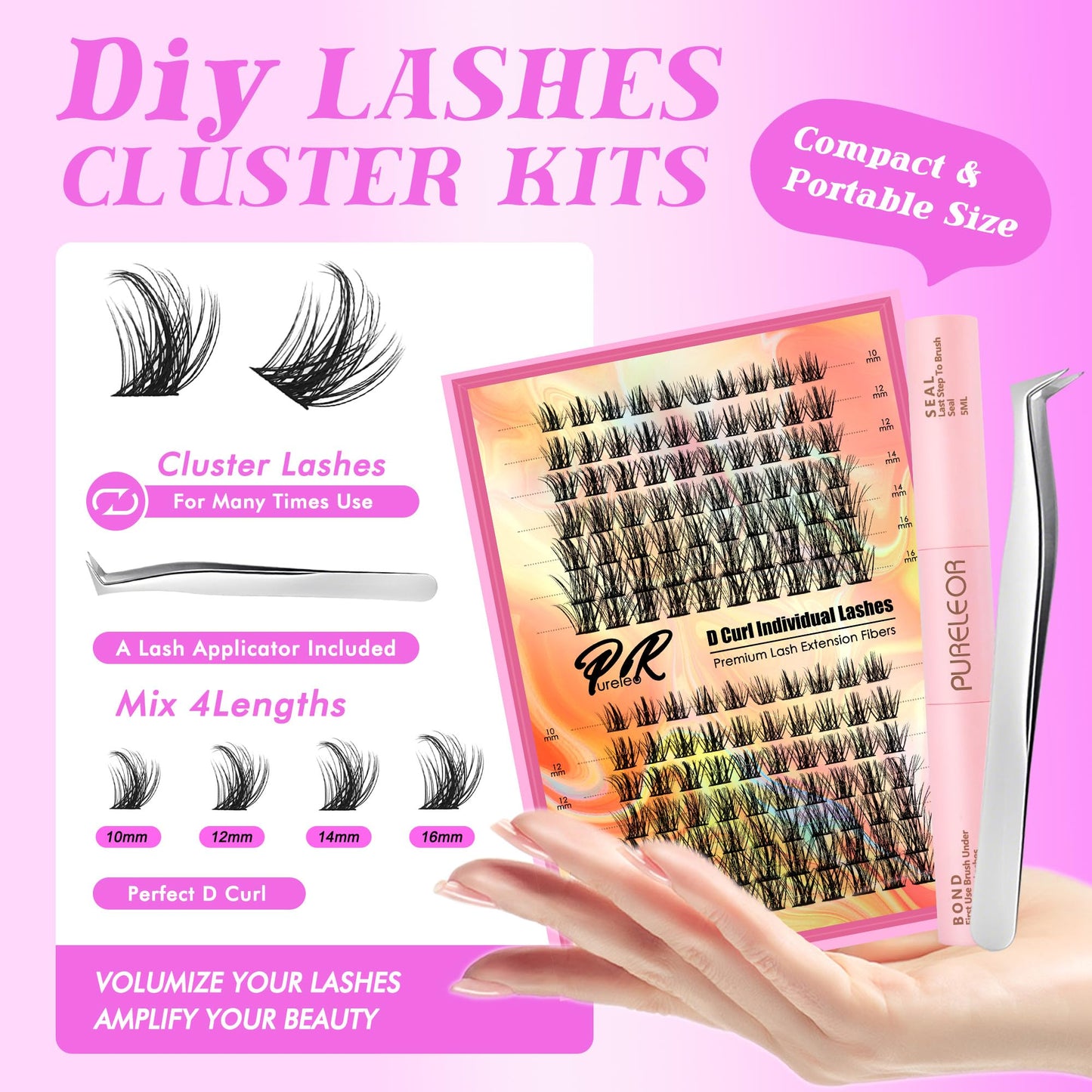PURELEOR Cluster Lashes Kit Including Bond and Seal DIY Individual Eyelashes Extensions Set