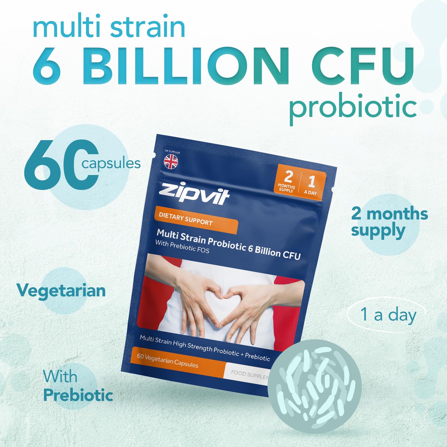 Zipvit Probiotic 6 Billion CFU with Prebiotic Pouch, Multi Strain Probiotics for Gut Health, 5 Strains Including Lactobacillus Acidophilus, 60 Vegetarian Capsules for Women & Men, 2 Month Supply
