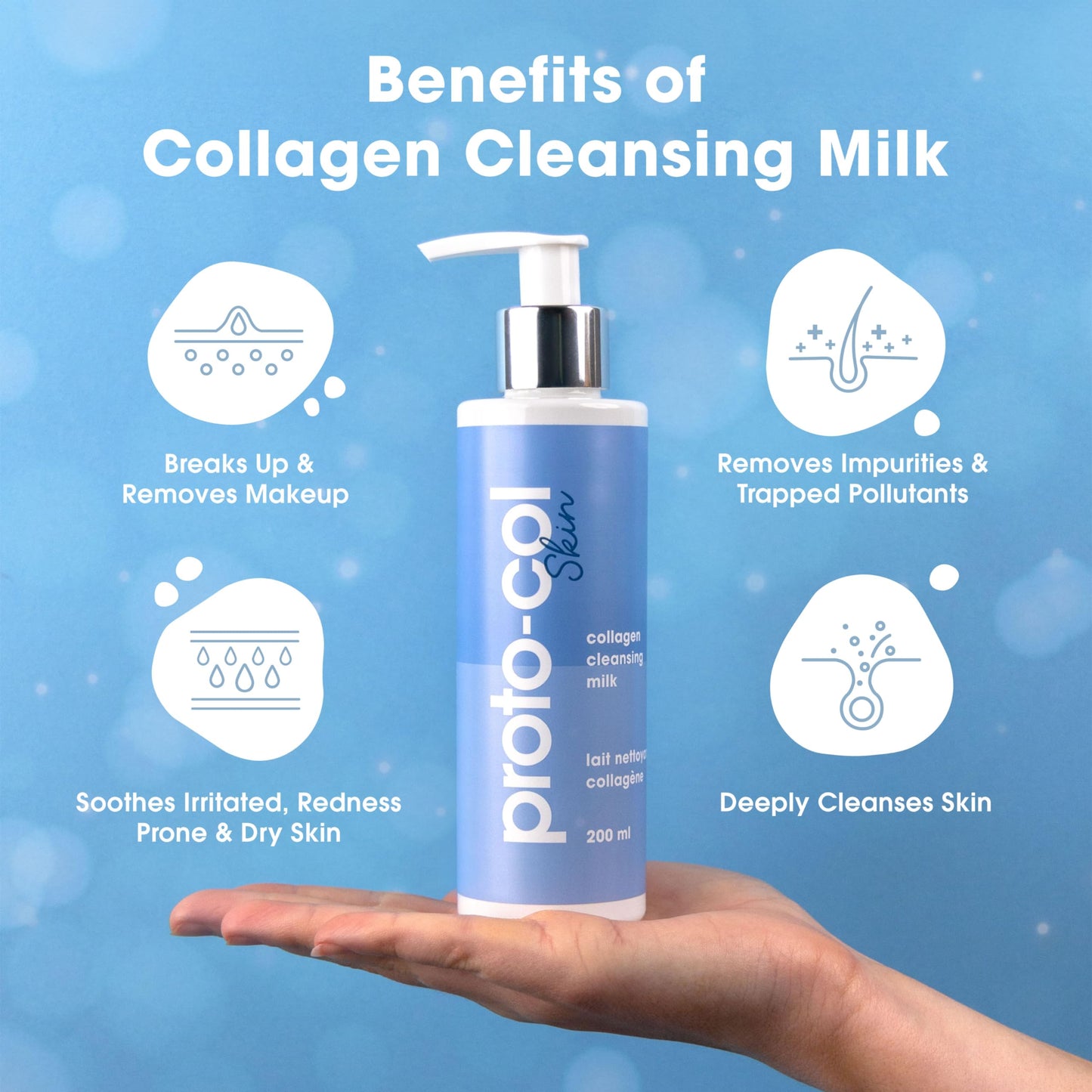 Proto-Col Proto-col - Cleansing Milk, Rich Collagen and Hydrating Hyaluronic Acid with Powerful Vitamins + Minerals, Deeply Cleanses, Brightens Skin and Removes Impurities (200ml)