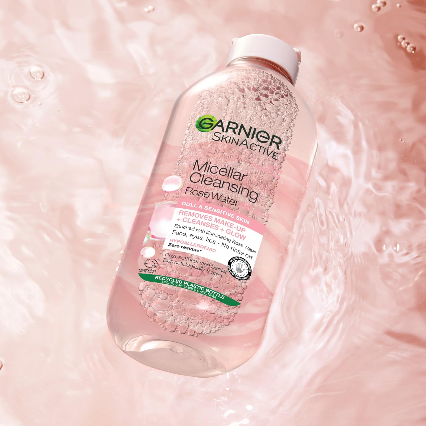 Garnier Micellar Rose Water For Dull Skin 400 ml, Glow Boosting Face Cleanser and Makeup Remover, Recognised By The British Skin Foundation, Use With Reusable Micellar Eco Pads