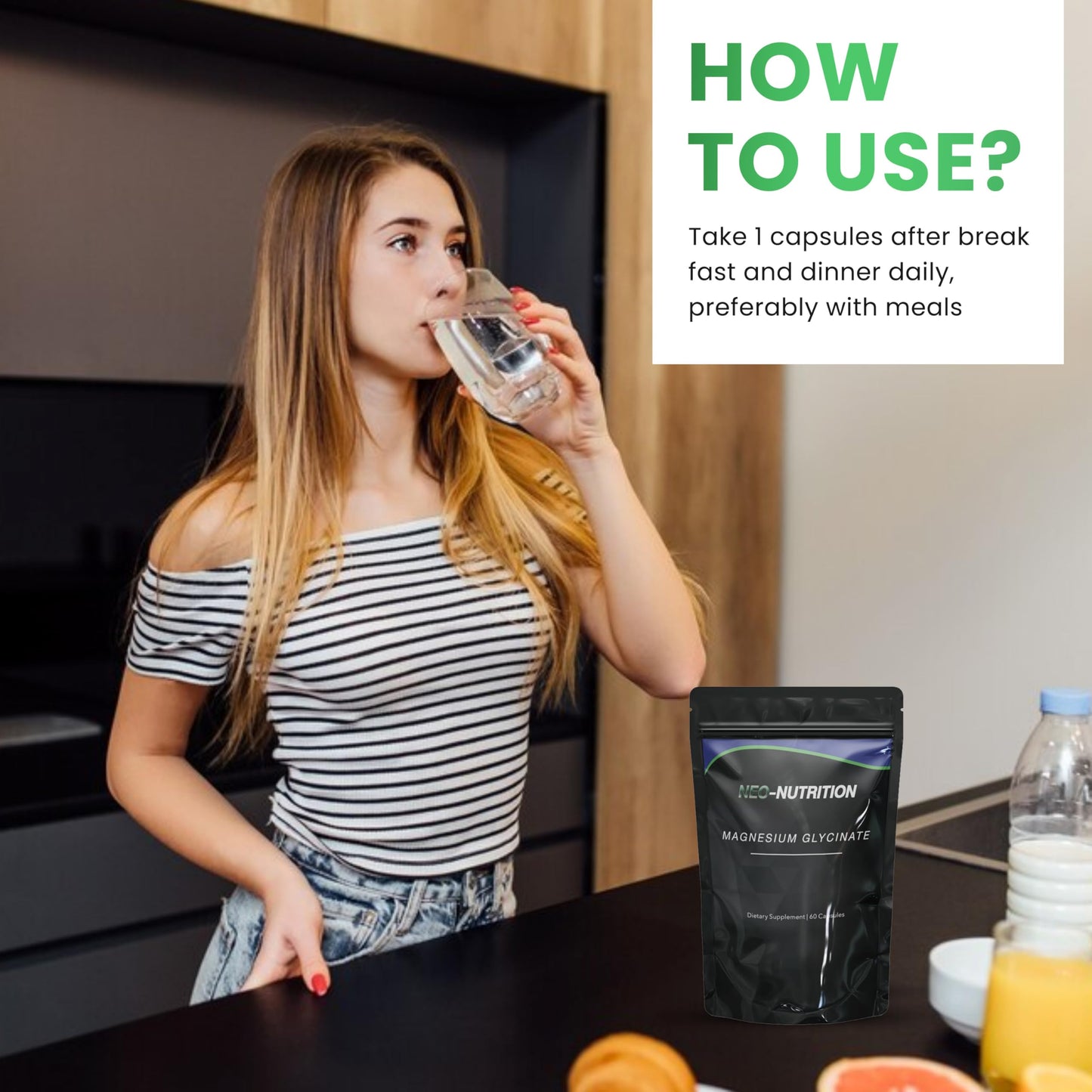 NEO-NUTRITION Magnesium Glycinate Supplement - 1000mg of Magnesium - 60 High Strength Capsules Providing 180mg Elemental Per Serving no fillers or Binders