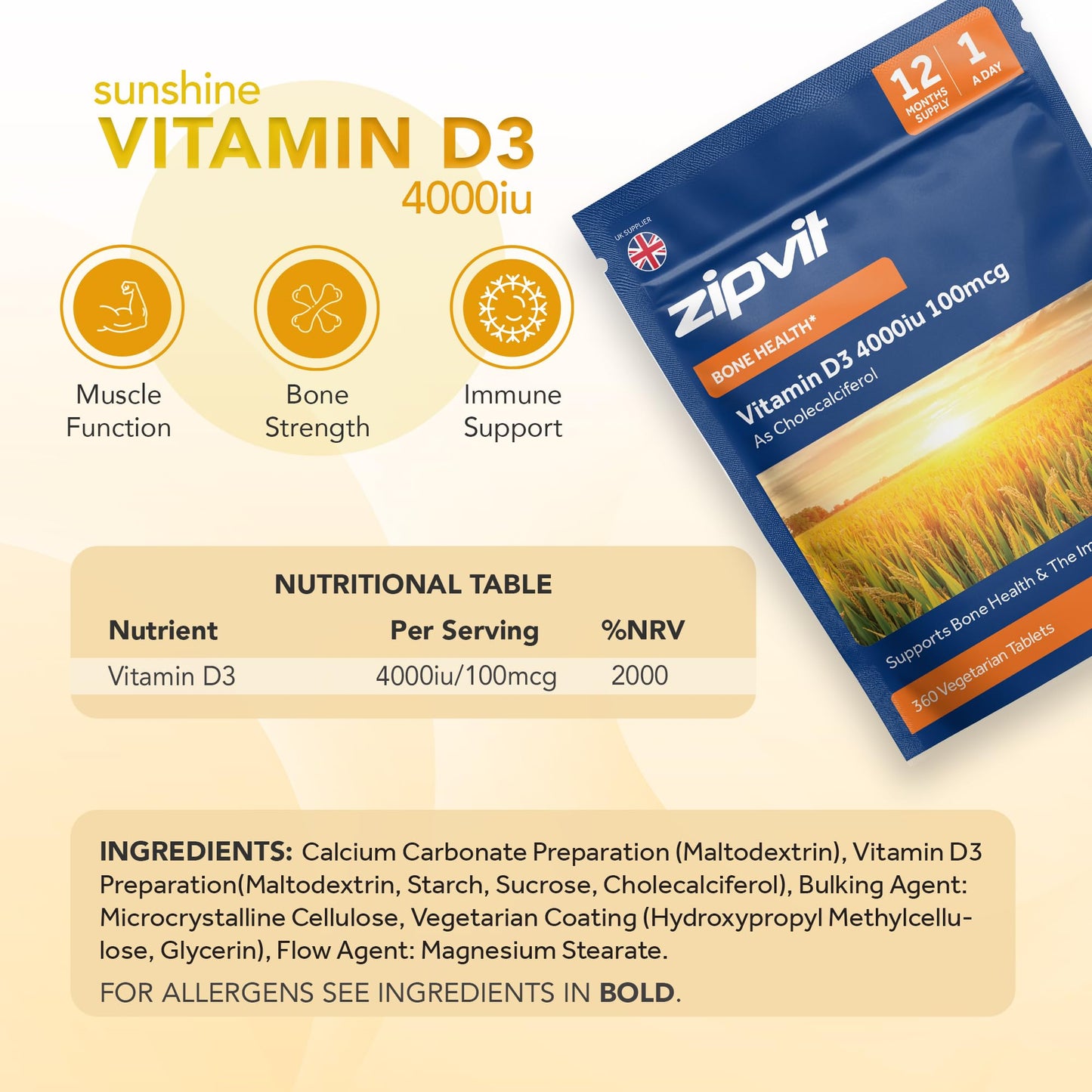 Zipvit Vitamin D3 4000 IU, 360 Maximum Strength Vitamin D Tablets, 12 Months Supply, Vegetarian, 1 a Day, VIT D3 As Cholecalciferol, Supports Bones Muscles, Immune System
