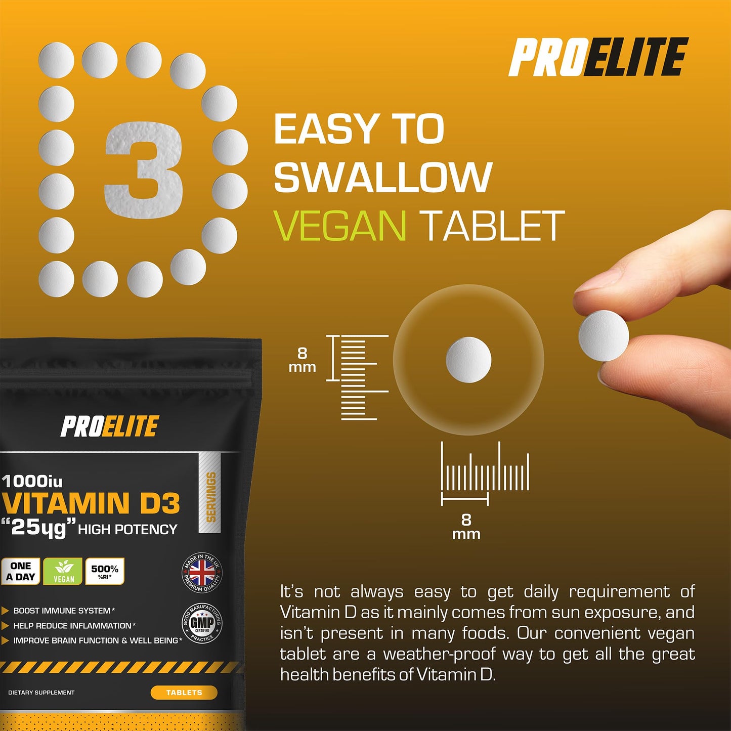 Vitamin D 1000 IU (25mcg) Vegan 180 VIT D Tablet 6 Months Supply for Maintenance of Healthy Immune System, Muscles, Bones & Teeth Vitamin D3 Cholecalciferol Made in The UK by PROELITE