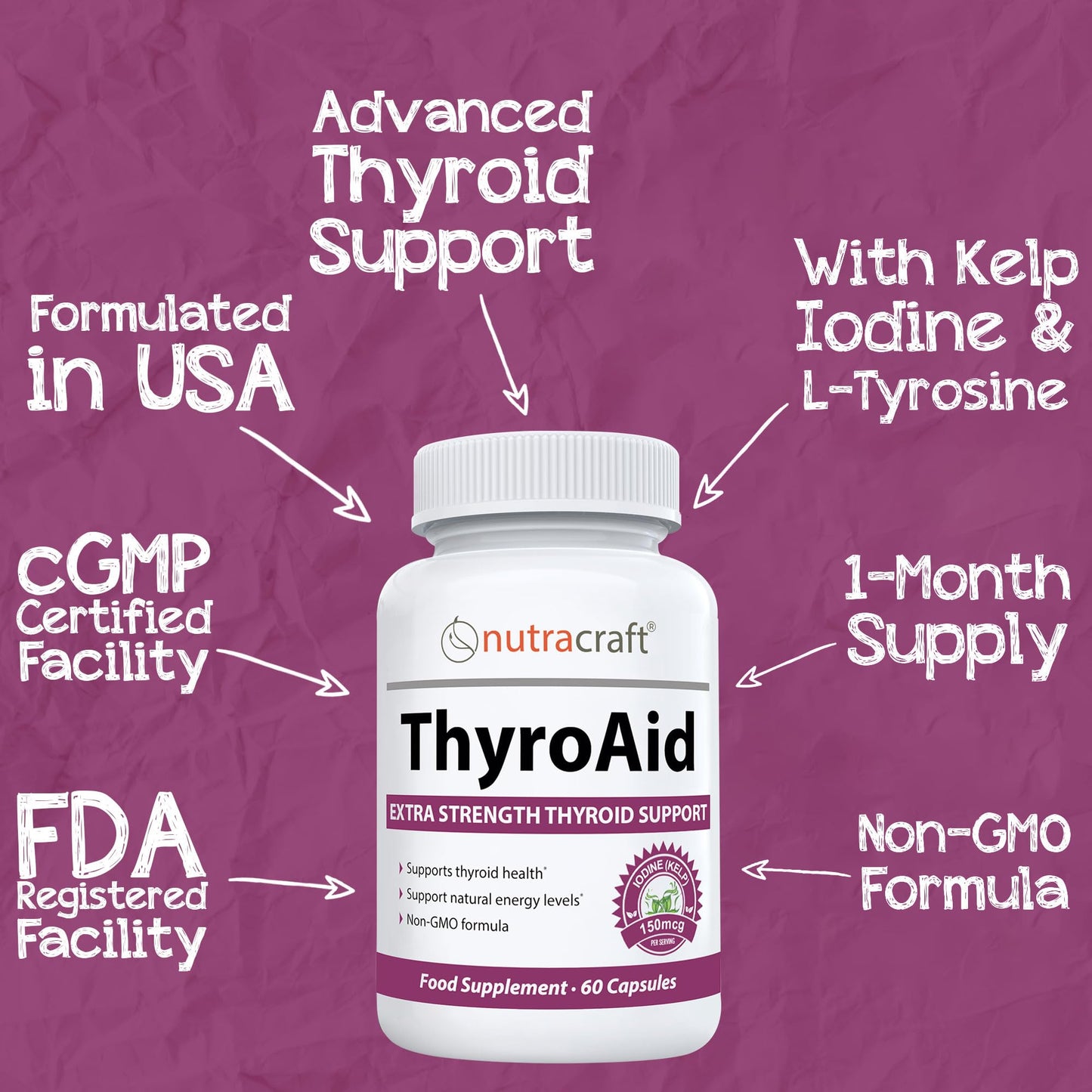 ThyroAid #1 Thyroid Support Supplement | Premium Thyroid Formula & Energy Support with Kelp, Iodine, Ashwagandha, Selenium, B12, Copper & More | 60 Capsules (Non-GMO)