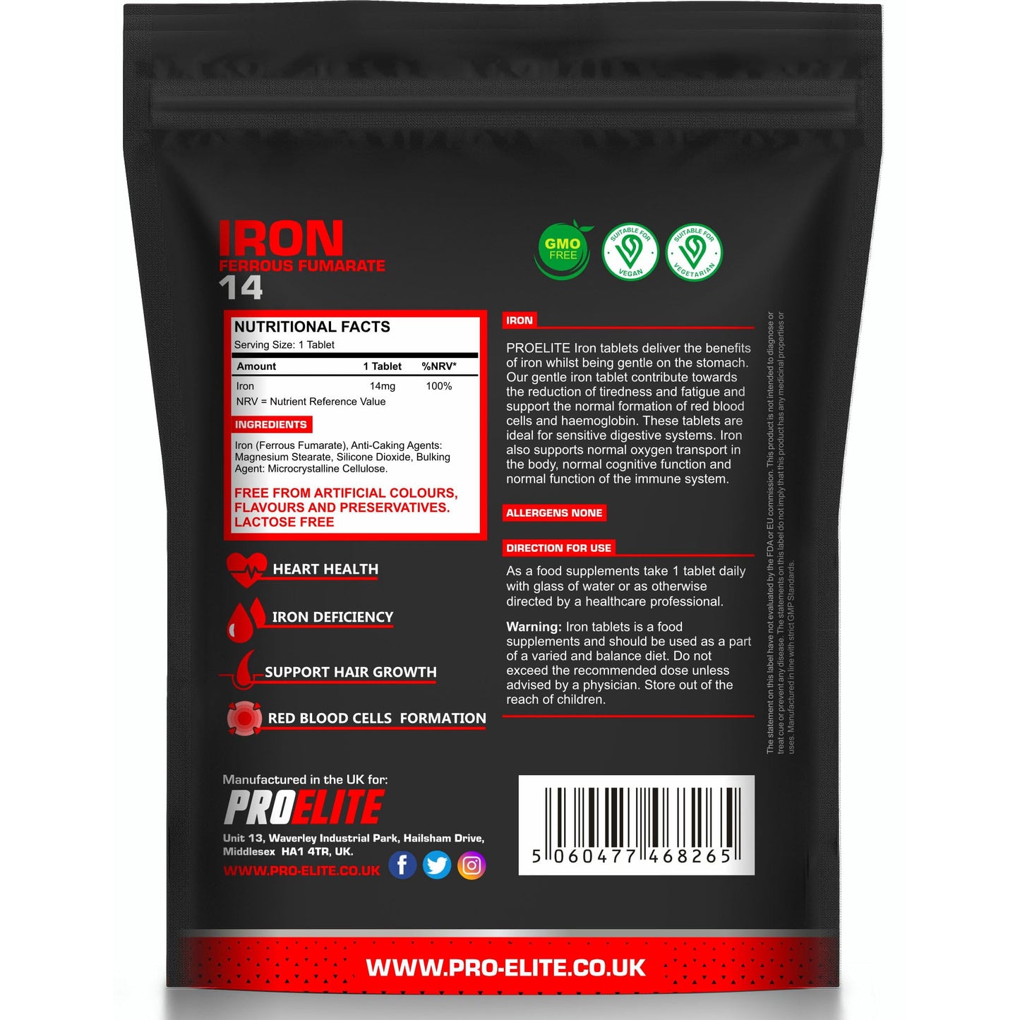 Iron Tablets High Strength 14mg - 365 Tablets - Vegan Iron Energy Tablets for Tiredness and Fatigue - High Absorption Iron Supplements for Women and Men - Made in The UK by PROELITE