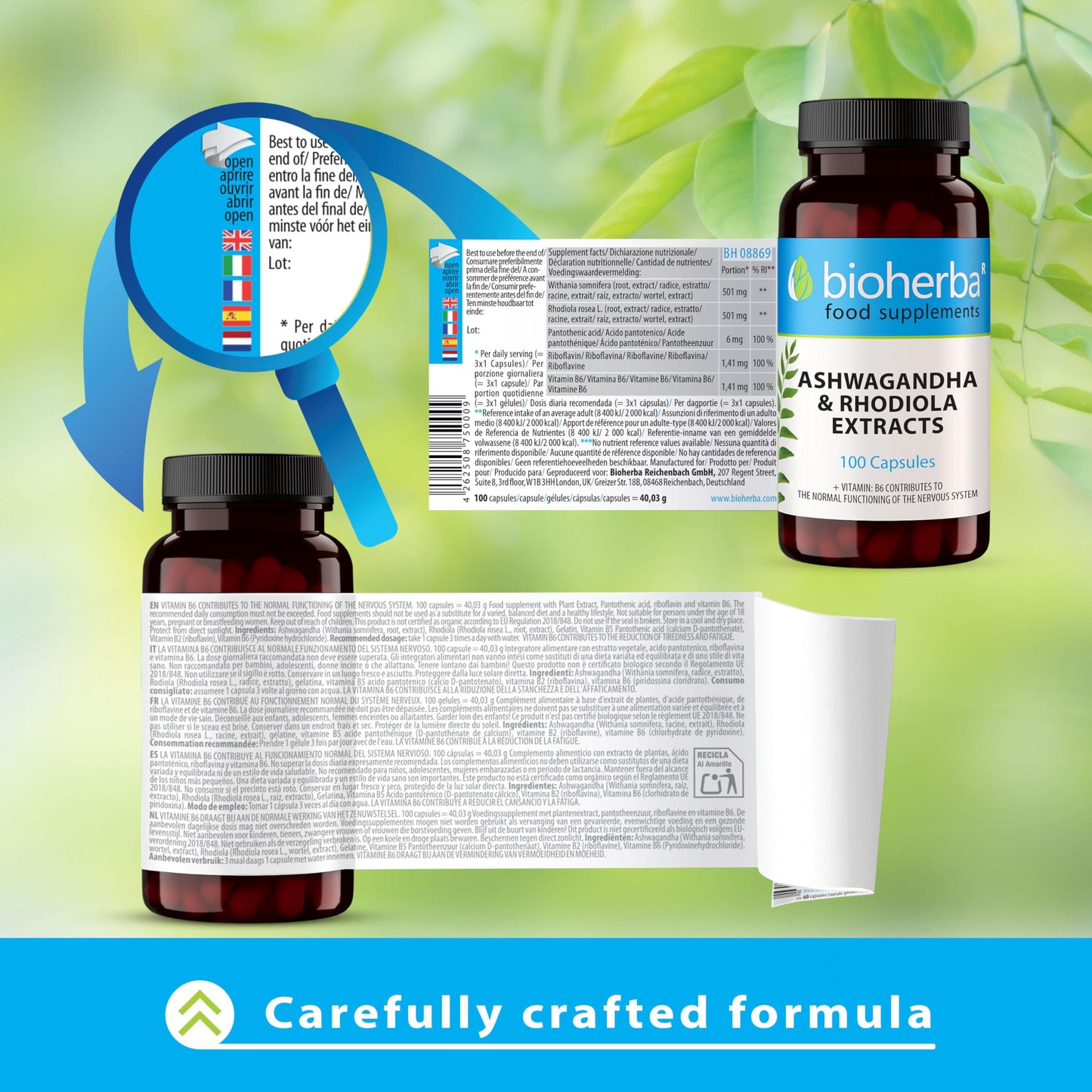 Ashwagandha Rhodiola Supplement by BIOHERBA - 100 High-Potency Capsules for Stress Relief and Sleep Support for Adults