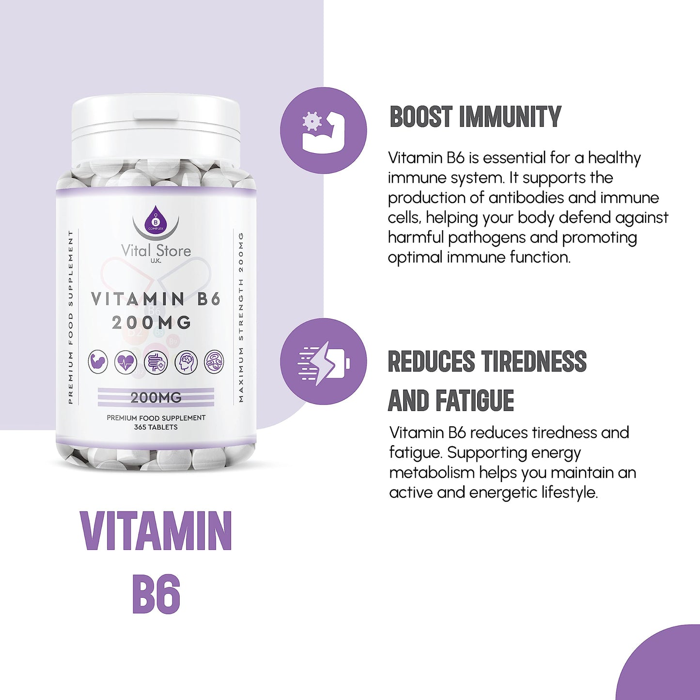 Generic Vitamin B6 200 mg High Strength 365 Tablets Vegan Tablets 1 Year Supply – Gluten Free Supplements for Red Blood Cell Formation, Dietary Supplement for Your Immune and Nervous System