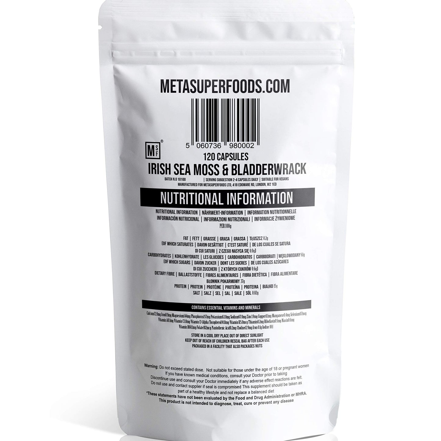 Sea Moss and Bladderwrack 120 Capsules (3600mg) | UK Made | Vegan | Wild Harvested | Non GMO | Dr Sebi