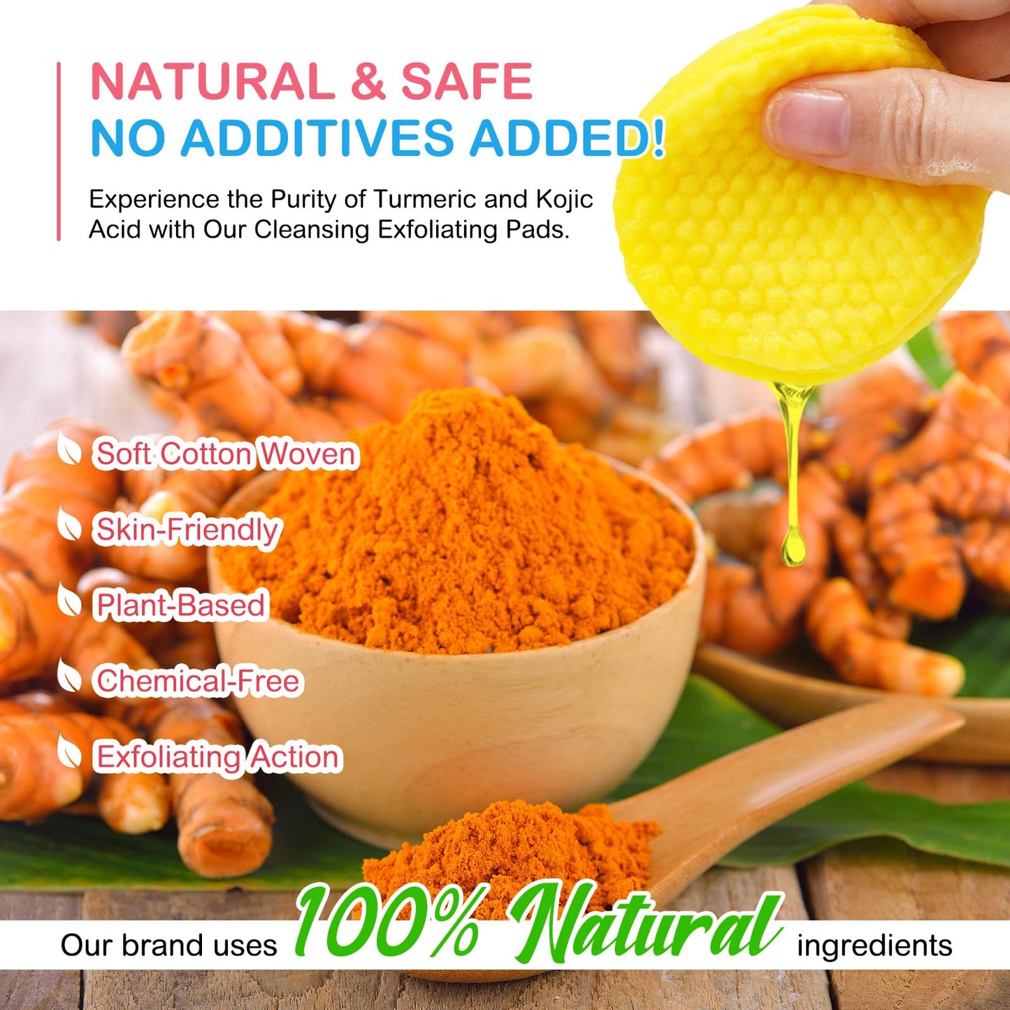 Turmeric Kojic Acid Cleansing Pads - Brightening & Energizing Skin | Deep Clean Pores, Remove Excess Keratin, Firming Face, Treat Acne Scars & Dark Spots | Suitable for All Skin Types