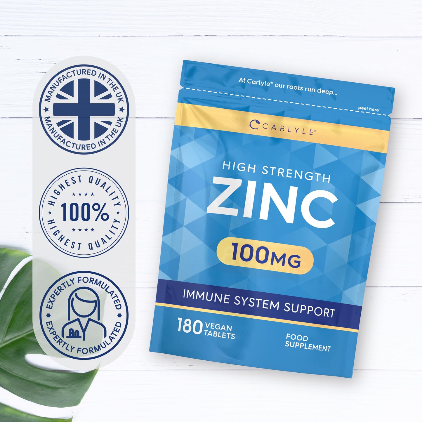 Zinc Supplements 100mg | High Strength Zinc Tablets | 180 Count | Suitable for Vegetarians & Vegans | Carlyle