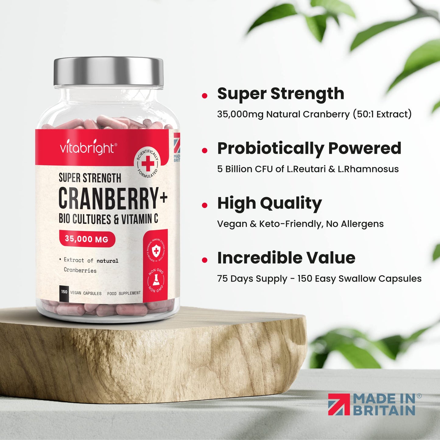 Cranberry Capsules 35,000mg High Strength - with Probiotics/Bio Cultures and Vitamin C - 150 Capsules - Advanced Cranberry Extract Supplement - Made in UK by VitaBright
