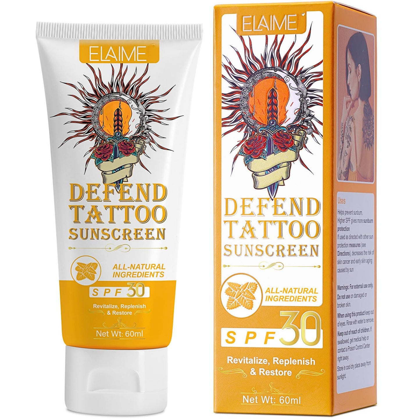 Trendyfave Tattoo Care Sunscreen - Tattoo Sun Cream Spf 30, Tattoo Sun Protection, Very Water+Sweat Resistant Natural Sunscreen, Tattoo Aftercare Suncream Lotion,Tattoo Fade Protection, 60ml