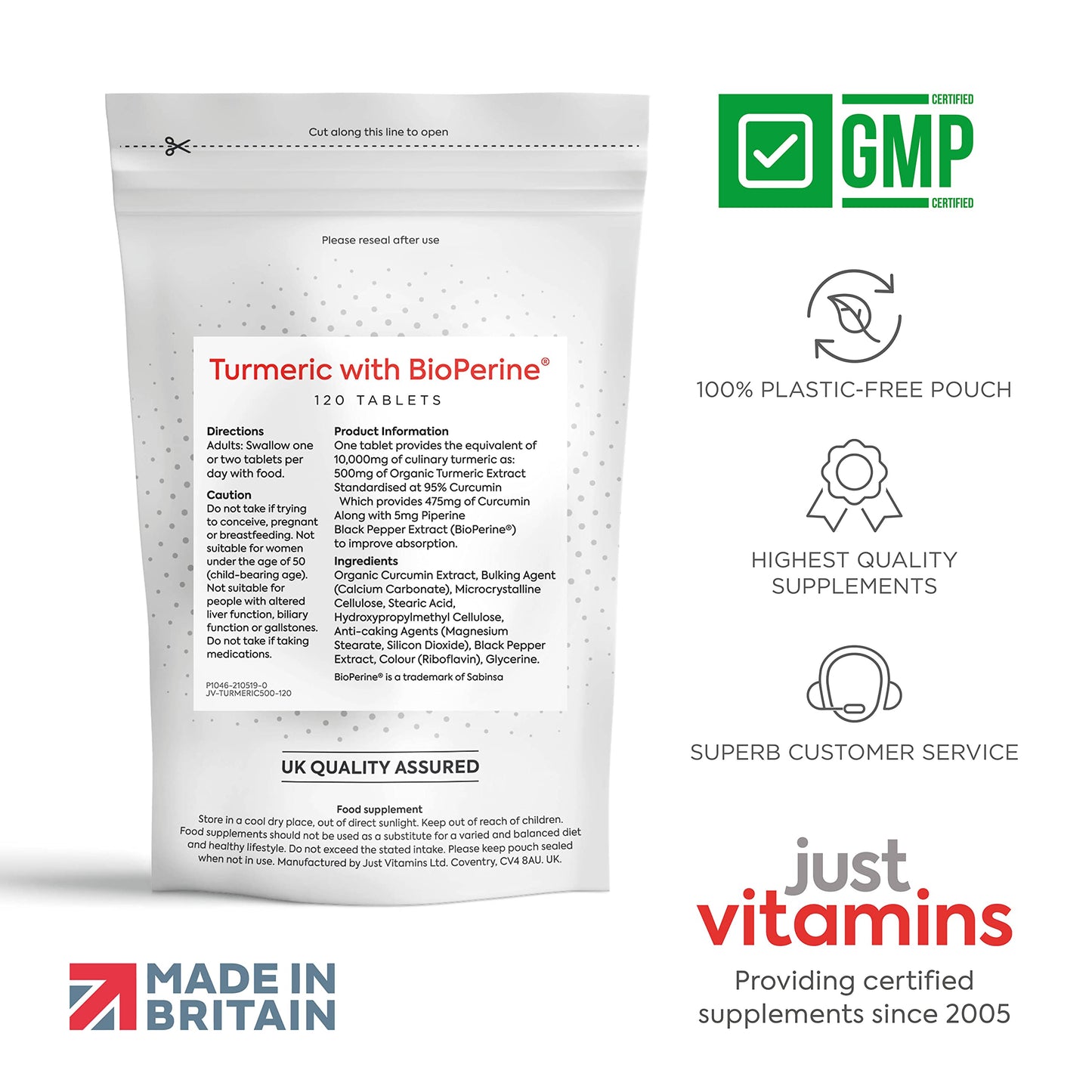 Just Vitamins High Strength Turmeric Curcumin 95% + Black Pepper Bioperine® 10,000mg Tablets x120, 4 Month Supply, Advanced Turmeric Supplement with Patented Black Pepper Extract for Max Absorption - UK Made