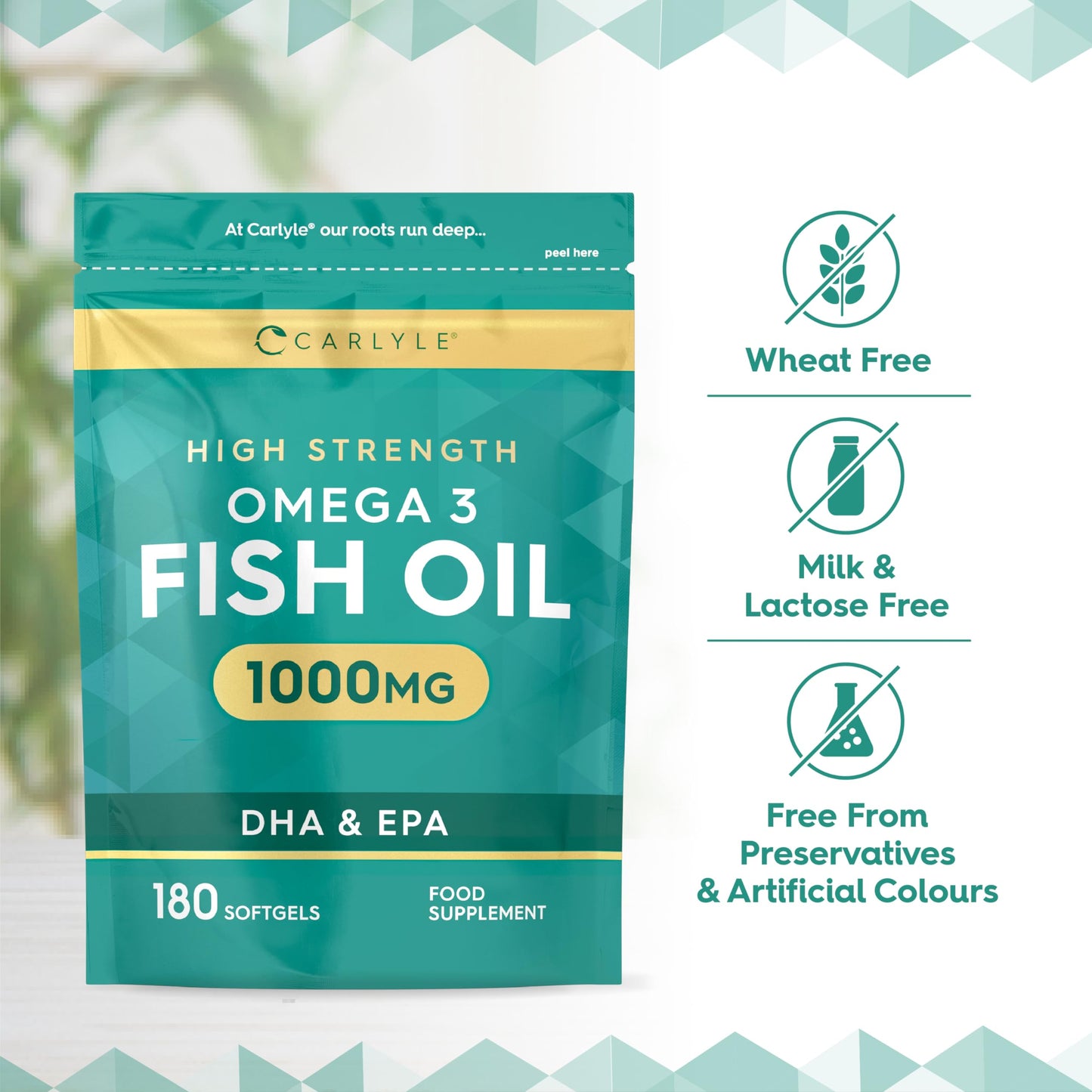 Omega 3 Capsules 1000mg | 180 Count | High Strength Omega 3 Fish Oil Supplement with 120mg of DHA and 180mg of EPA | No Artificial Preservatives | by Carlyle
