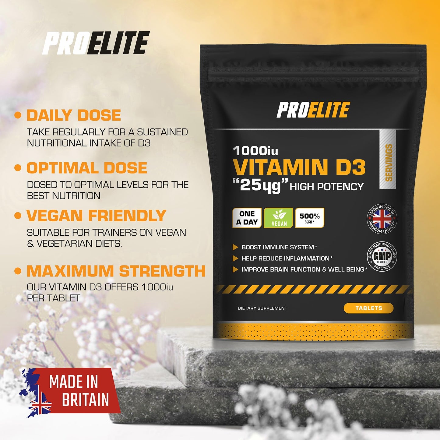 Vitamin D 1000 IU (25mcg) Vegan 180 VIT D Tablet 6 Months Supply for Maintenance of Healthy Immune System, Muscles, Bones & Teeth Vitamin D3 Cholecalciferol Made in The UK by PROELITE