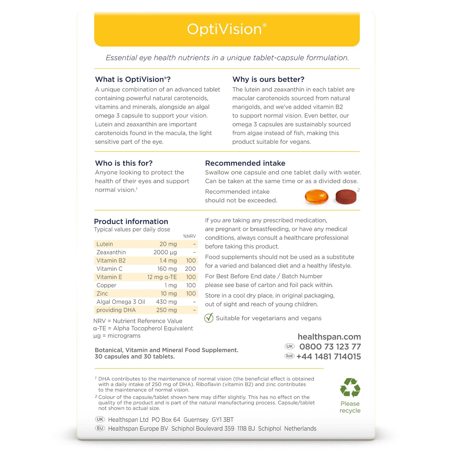 Healthspan OptiVision (1 Month Supply) | Vegan Omega 3 with high Levels of DHA | with Vitamins B2 & zinc to Support Vision | Vegan