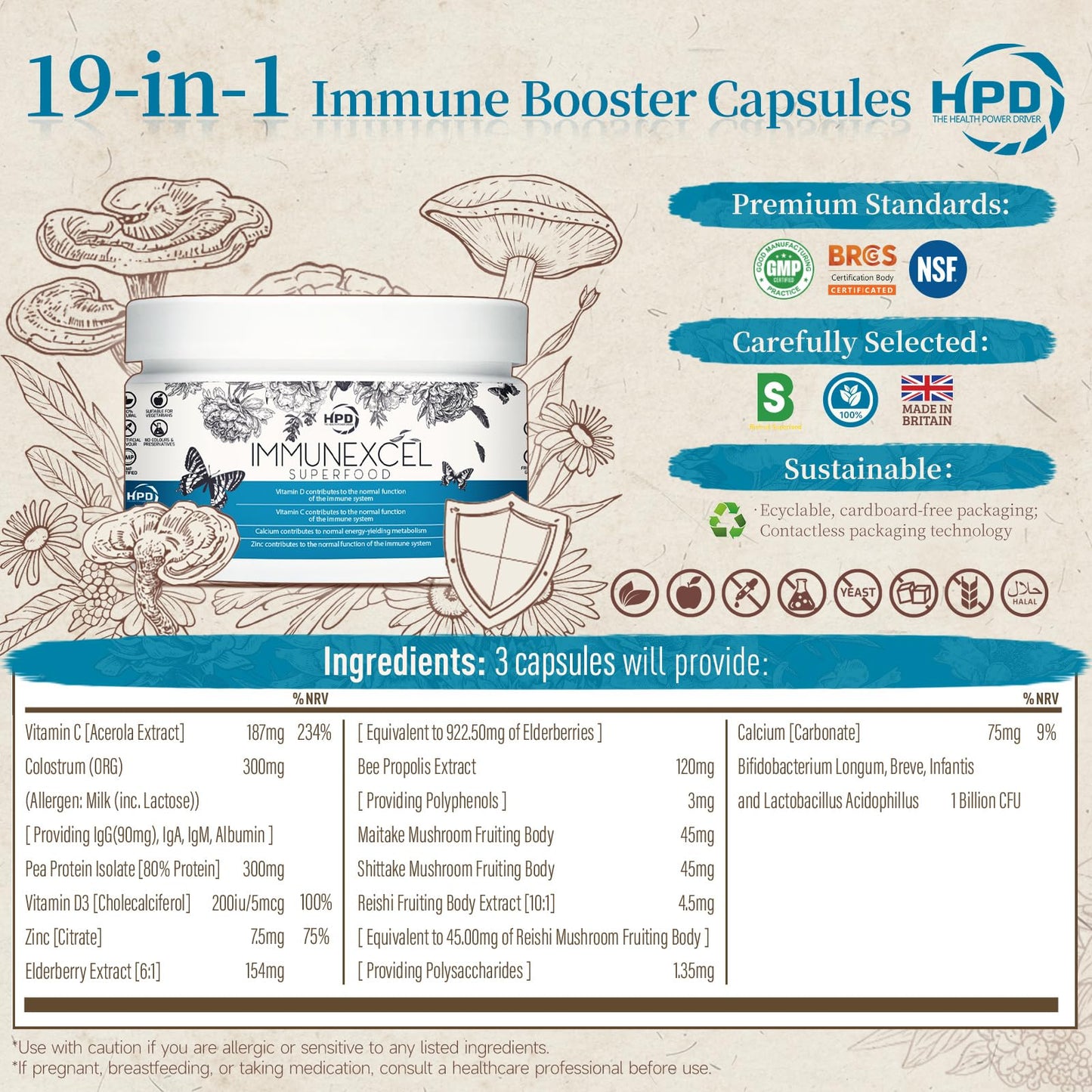 HPD THE HEALTH POWER DRIVER Immune System Booster, Vitamin C,D, Zinc Supplement, with Colostrum, Mushrooms, Elderberry, Propolis | 19-in-1 Immunity Support by HPD | Probiotics for Gut Health | All Age, Gluten Free, 90 Capsules