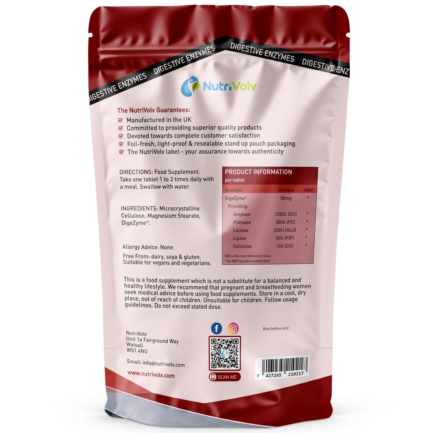 Digestive Enzymes | 120 Tablets | DigeZyme® | Contains Amylase, Lactase, Lipase, Protease & Cellulase | Digestion Support, Gut Health, Bloating & Discomfort Relief | Vegan | UK Made | by NutriVolv