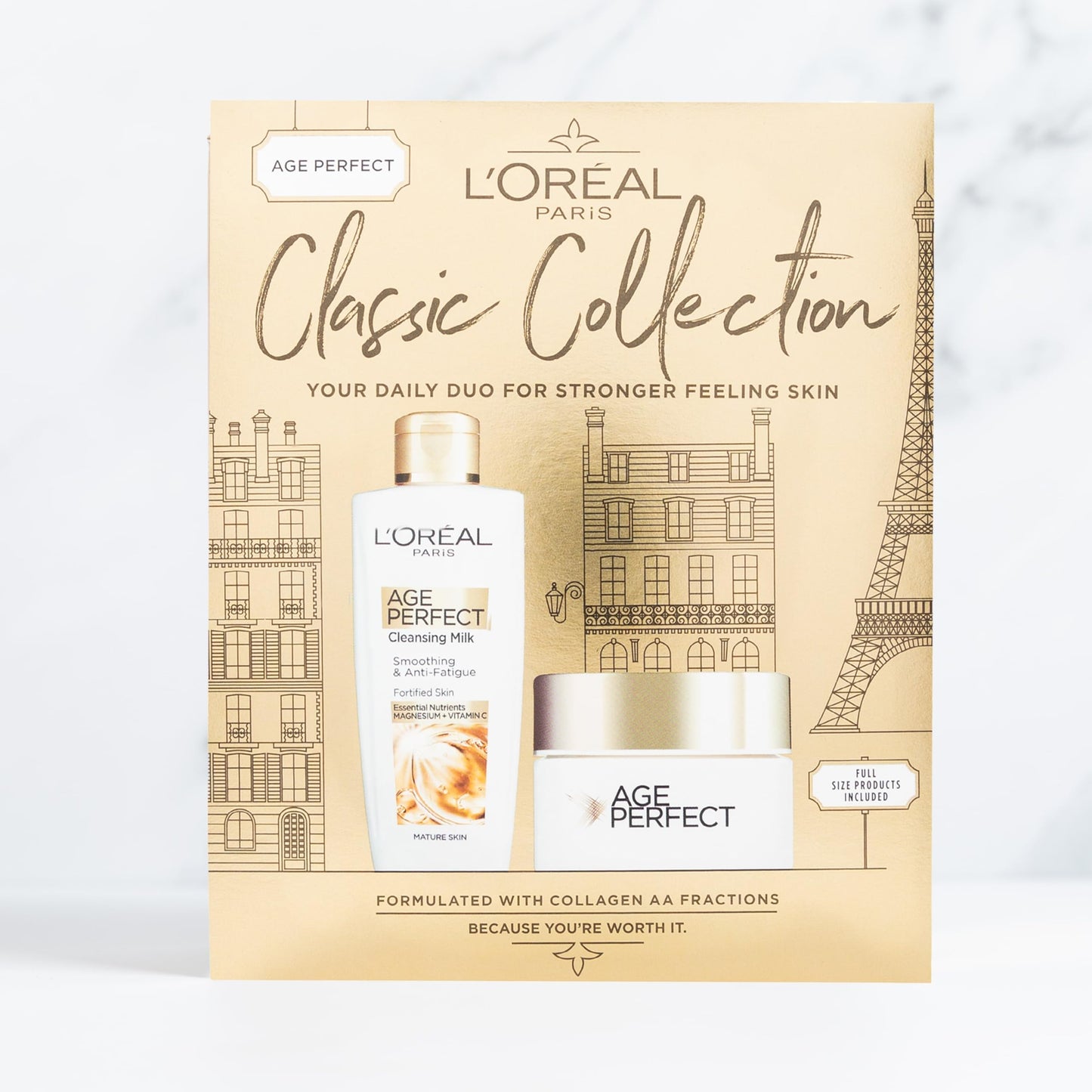 L’Oréal Paris Gift Set, Includes Cleansing Milk and Moisturiser, Age Perfect Collagen Anti-Ageing Routine For Smoothing and Retightening, Classic Collection