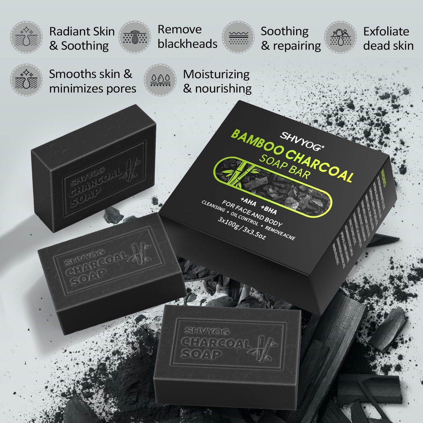 Bamboo Charcoal Soap, Salicylic Acid Soap Bar, Men's Cleansing Soap with Exfoliating Particles, AHA Soap for Oil Control, Pore Shrinking, Remove Blackhead Acne for Face and Body, 3x100g