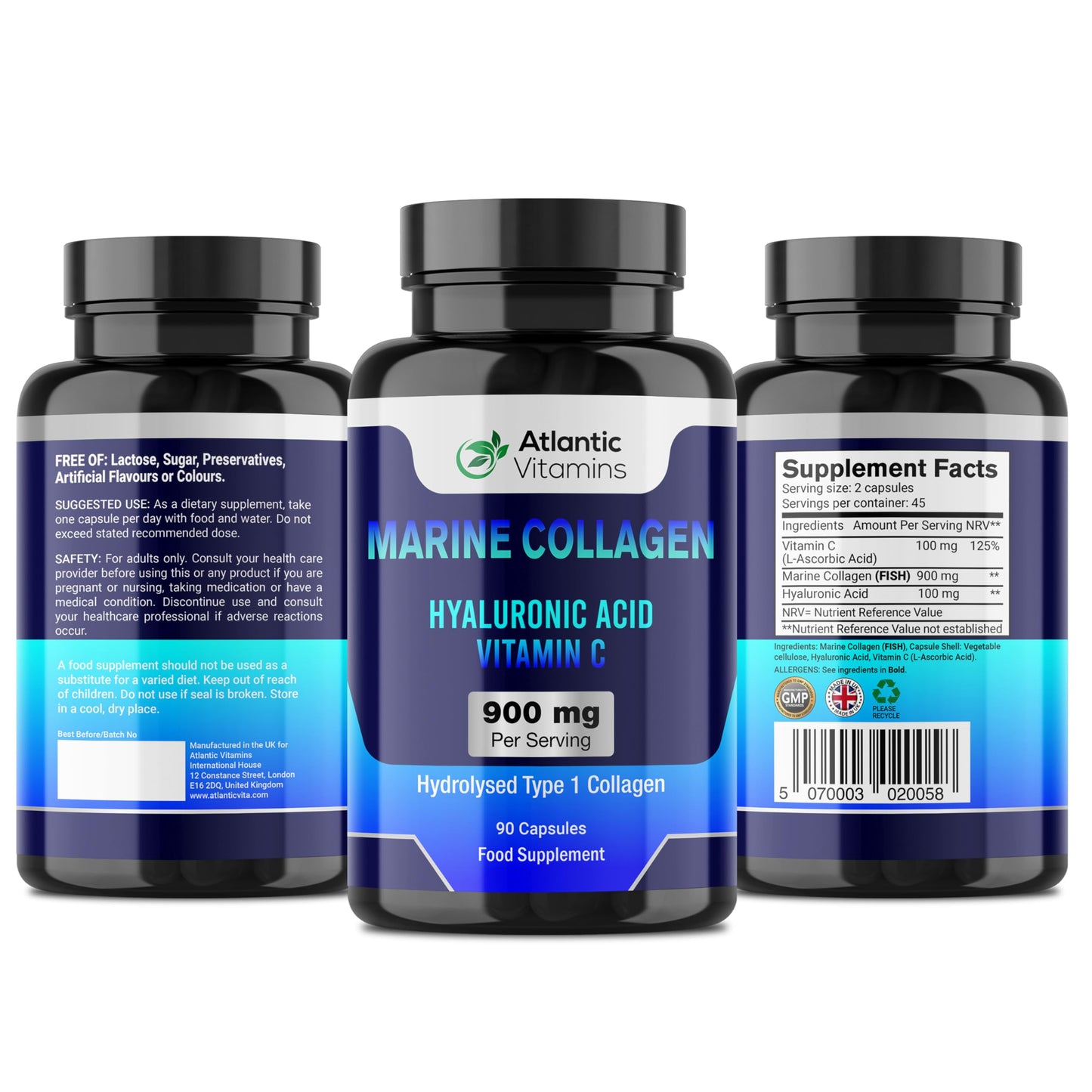Marine Collagen 900 mg - High Strength 90 Capsules Collagen with Hyaluronic Acid and Vitamin C for Skin, Joints and Hair - Type 1 Hydrolyzed Collagen Supplements for Women & Men - Atlantic Vitamins