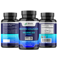 Marine Collagen 900 mg - High Strength 90 Capsules Collagen with Hyaluronic Acid and Vitamin C for Skin, Joints and Hair - Type 1 Hydrolyzed Collagen Supplements for Women & Men - Atlantic Vitamins