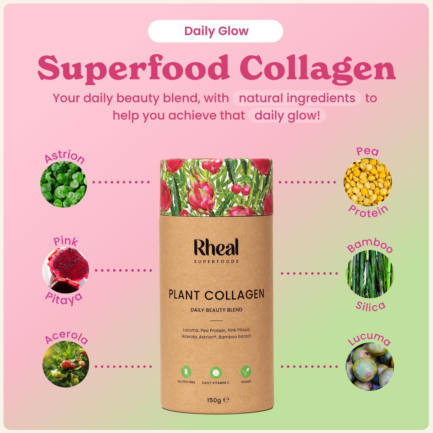Rheal Plant Collagen 150g | 30 Servings | Increase Collagen Production for Healthier, Younger Looking Skin | Daily Source of Vitamin C | Clinically proven benefits with Astrion | Certified B Corp