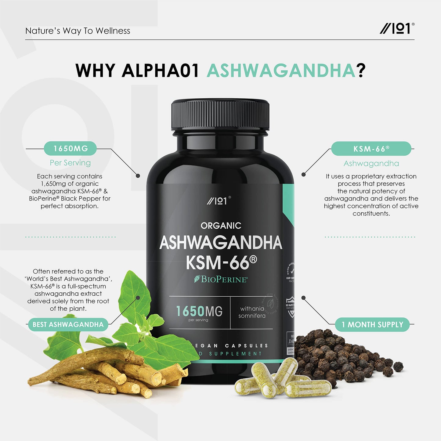 ALPHA01 Organic Ashwagandha KSM-66® with BioPerine® - 1650mg - 5% Withanolides - Most Bioavailable Full-Spectrum Root Extract - Not Tablets or Powder - 90 Vegan Capsules