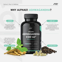 ALPHA01 Organic Ashwagandha KSM-66® with BioPerine® - 1650mg - 5% Withanolides - Most Bioavailable Full-Spectrum Root Extract - Not Tablets or Powder - 90 Vegan Capsules