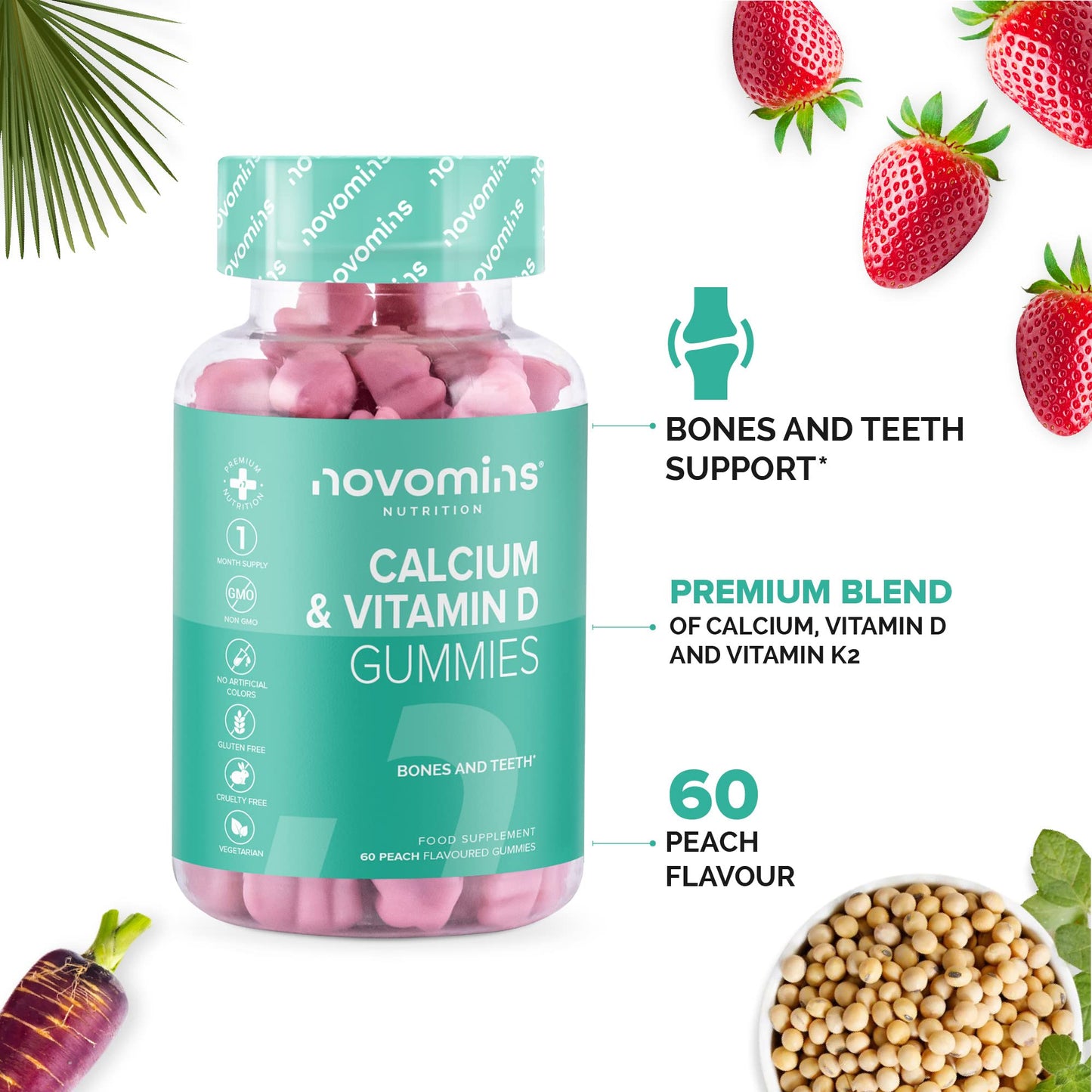 Calcium Gummies – 400mg of Calcium - with Vitamin D & K2 (MK-7) - Vegetarian – Gluten Free – 1 Month Supply - Chewable Calcium Vitamins – Healthy Muscles and Bones - Made by Novomins