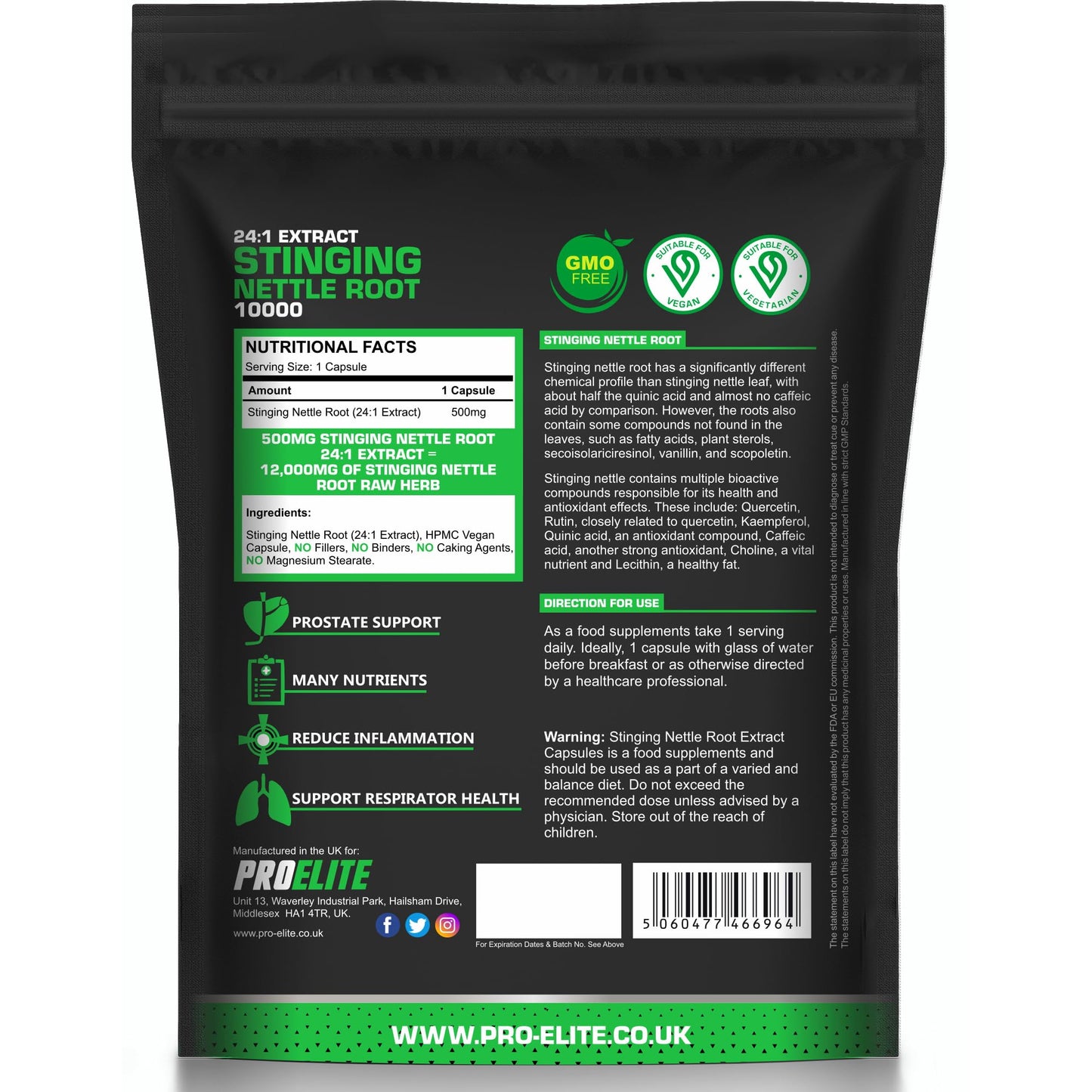 Stinging Nettle Root | 60 Capsules Vegan - 24:1 Extract 12,000mg Nettle Root per Capsule | High Strength Stinging Nettle Alternative to Powder NO Fillers & Binders | Made in UK by PROELITE