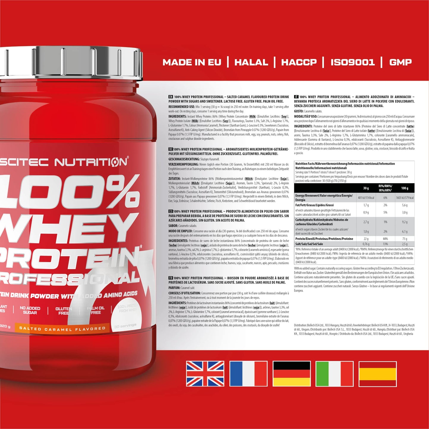 Scitec Nutrition 100% Whey Protein Professional – Enhanced with Extra Amino Acids & Digestive Enzymes – Gluten-Free – Palm Oil Free, 920 g, Salted Caramel