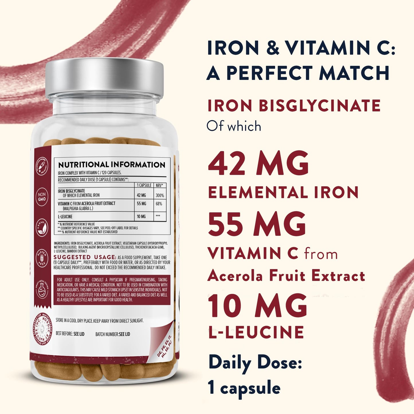Gentle Iron Supplements for Women and Men - 42 mg Iron Tablets high Strength with Natural Vitamin C - Active Iron bisglycinate - Fatigue Supplements with high bioavailability - 120 Capsules