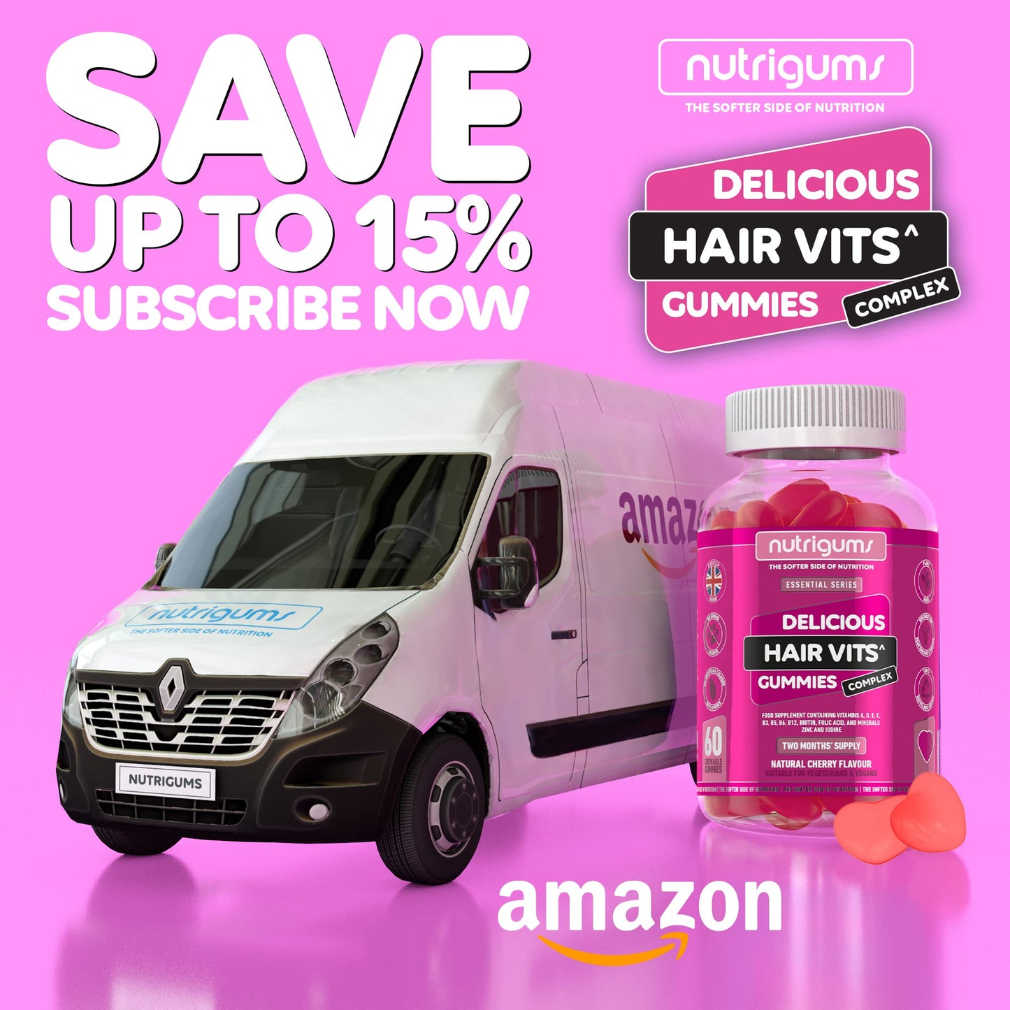 Hair Vitamin Biotin Complex Gummy | Cherry Flavour | 60 Vegan Gummies | Multivitamin Supplement containing Biotin, Vitamin C, Folic Acid and Zinc | Maintain Healthy Hair Growth by NUTRIGUMS®