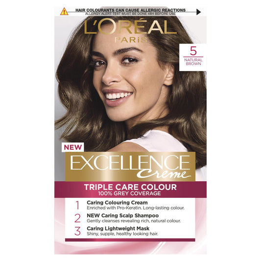 L'Oréal Paris Excellence Crème Permanent Hair Dye, Radiant At-Home Hair Colour with up to 100% Grey Coverage, Pro-Keratin, Up to 8 Weeks of Colour, Colour: 5 Natural Brown