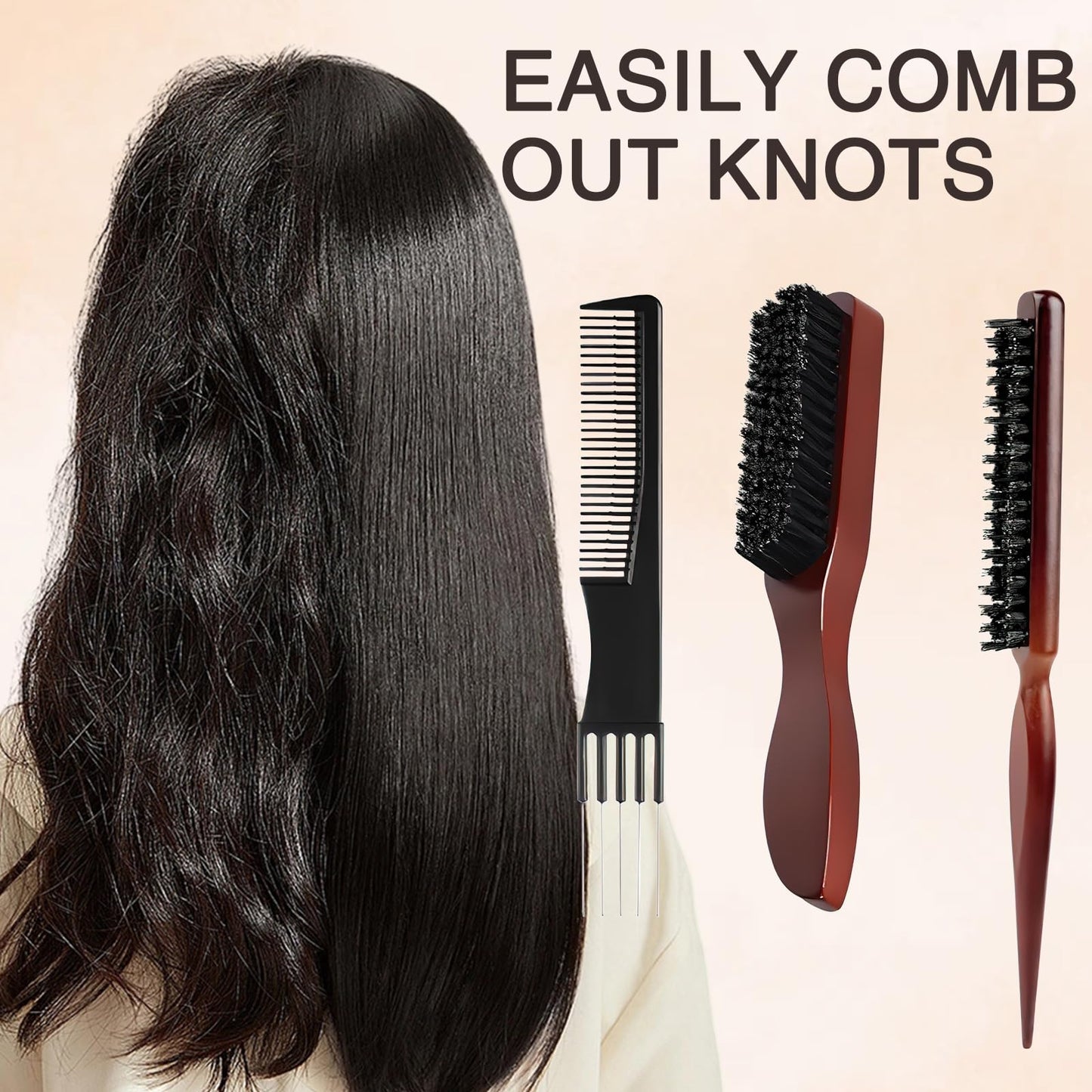 DOOCECIY 3 Pcs Slick Back Hair Brush Set, Smoothing Bristle Brush for Sleek Thick Curly Long Hair Beard