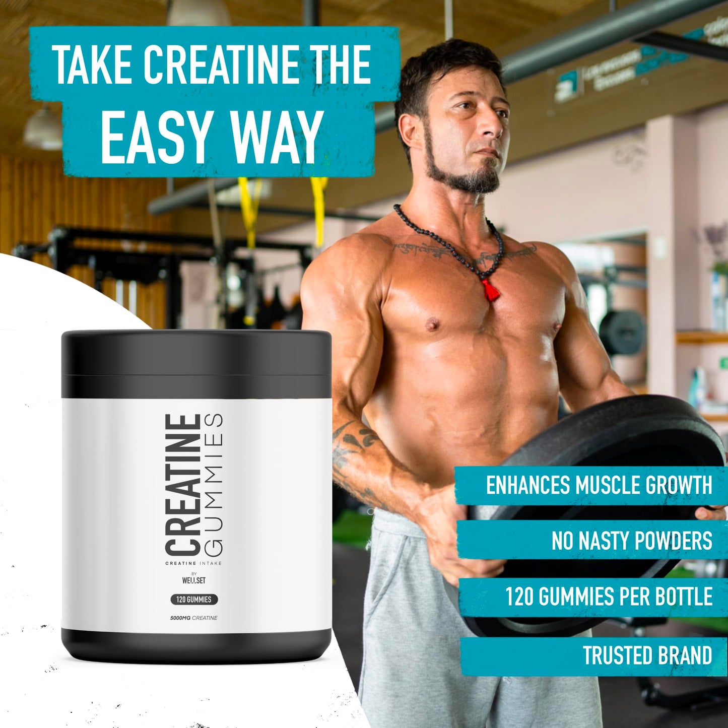 WELLSET Creatine Gummies 5000MG | 120 Chewable Creatine Monohydrate Vegan Gummies | Sugar-Free, 30 Days Supply - Natural Blueberry Flavor - Pre Workout Gym Supplement for Men & Women