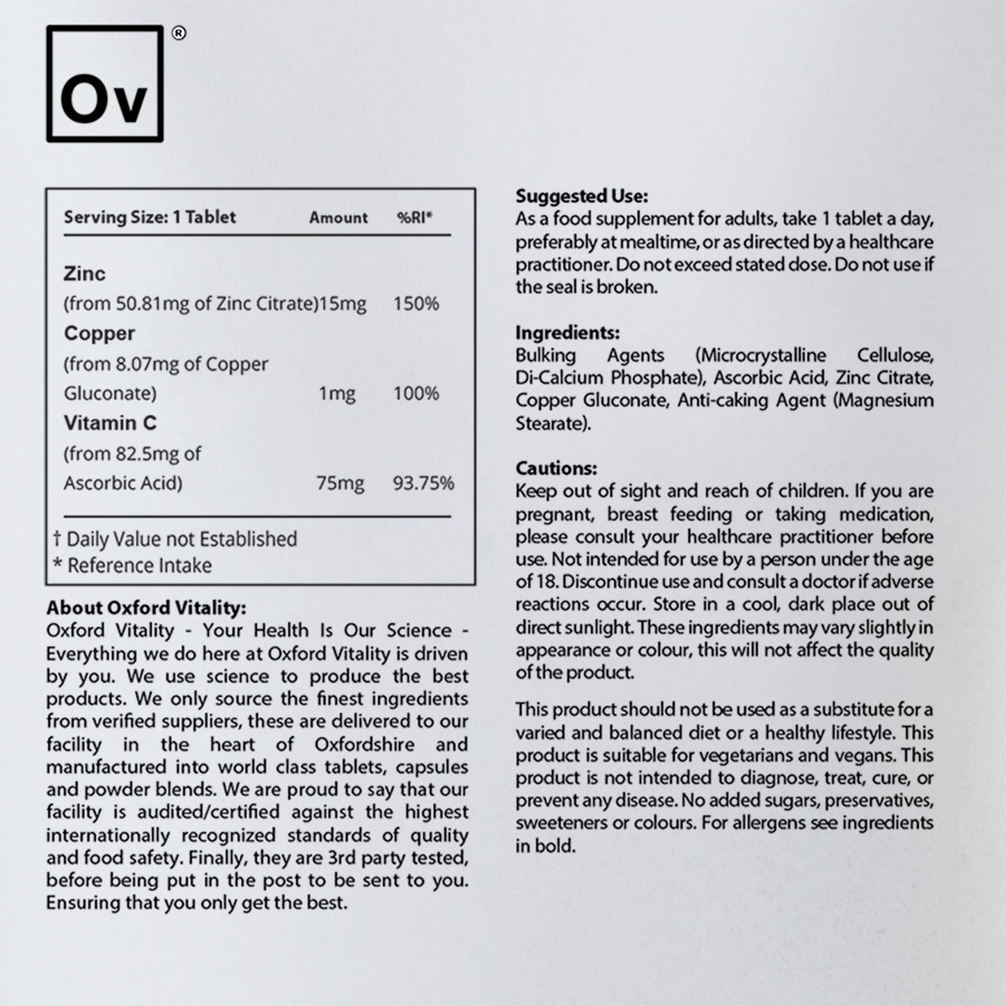 Ov OXFORD VITALITY Zinc, Copper & Vitamin C Tablets | General Health & Hair, Skin and Nails | Oxford Vitality