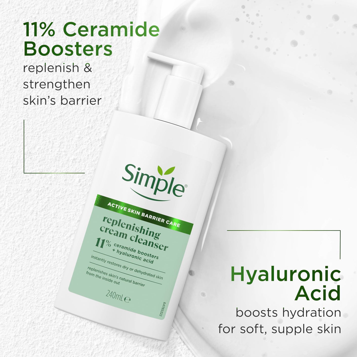 Simple Replenishing Cream Face Cleanser Suitable For Even The Most Sensitive Skin Cream Cleanser with 11% Ceramide Boosters and Hyaluronic Acid 240 ml