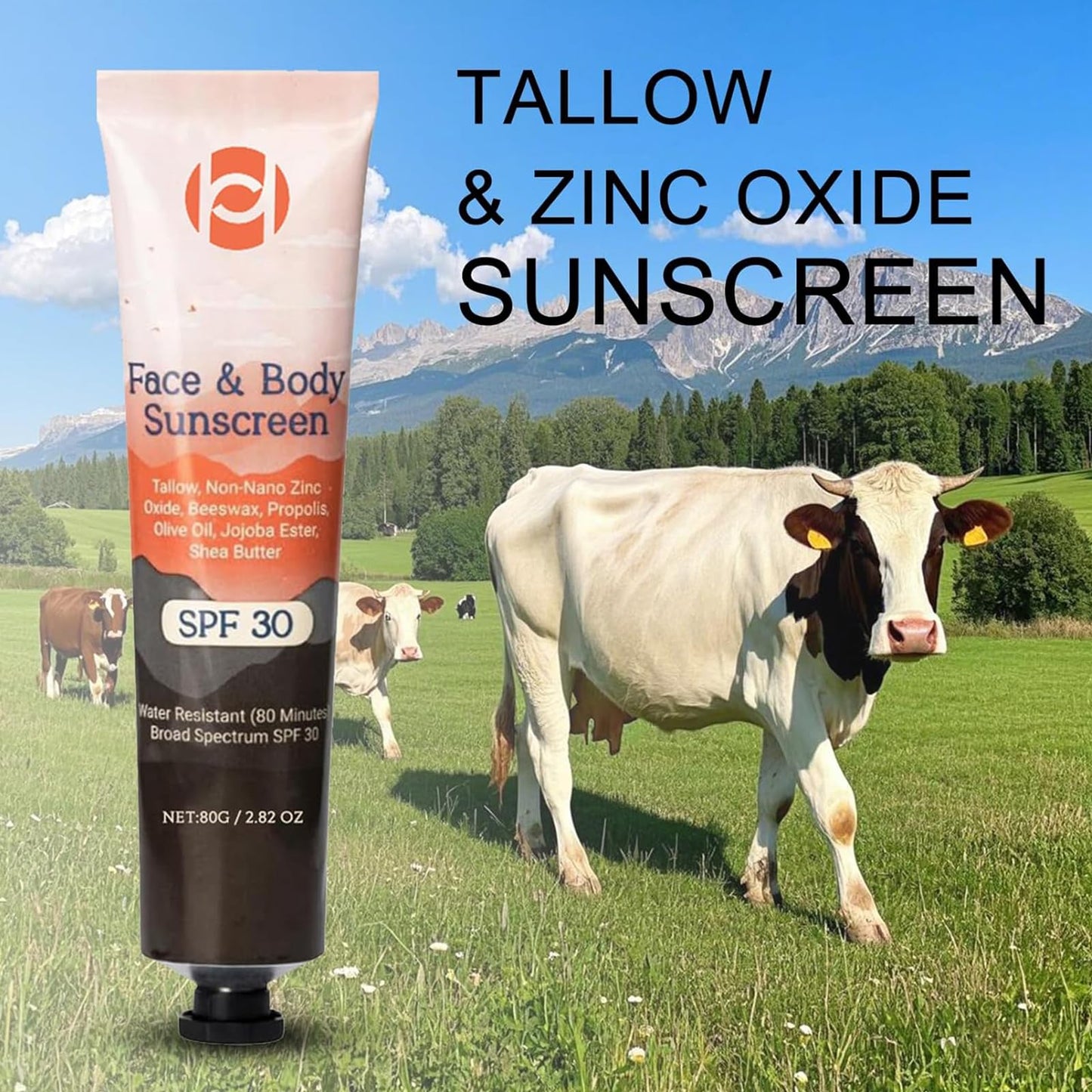 TBeautfave 2PCS Beef Tallow Sun Screen SPF 30, Natural Mineral Sunscreen SPF 30 - Natural Tallow & Zinc Oxide, Organic Sunscreen for Face & Body, Moisturizing Hydrating, No Sticky, Lightweight, 2PCS*80g