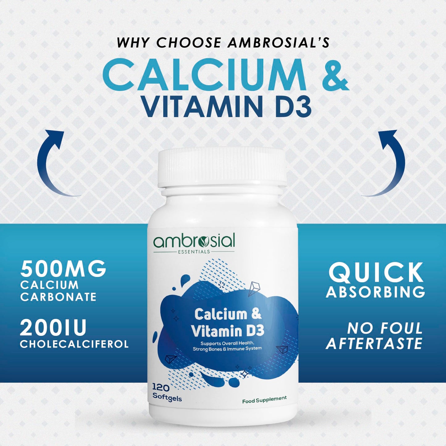AMBROSIAL Ambrosial Calcium & Vitamin D Supplement, High Potency, High Strength Calcium, Vitamin D3, Gluten Free, Supports Bone Health, Muscles & Teeth, Pack of 1-120 Softgels