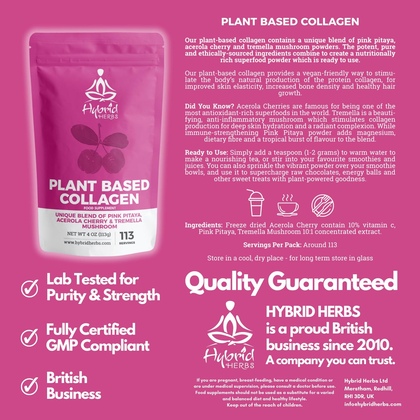 HYBRID HERBS – Plant Based Collagen Powder - Anti Aging Supplement for Skin, Wrinkles, Hair Growth with Pink Pitaya, Acerola Cherry & Tremella Mushroom Extracts | 113 Servings (113g) – Vegan Collagen