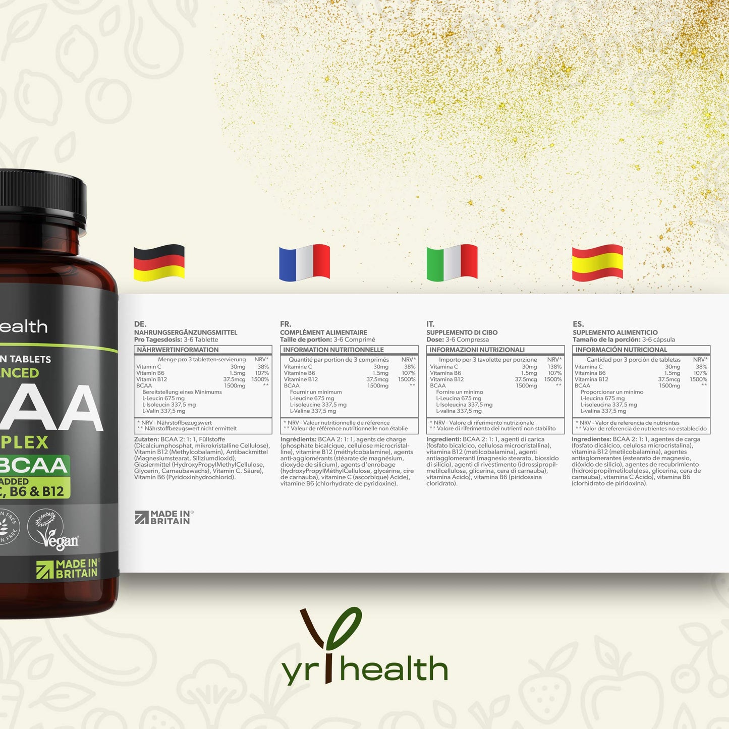 yrhealth Vegan BCAA Tablets 1500mg - 2:1:1 BCAAs Branch Chain Amino Acids L-Leucine, L-Isoleucine, L-Valine with Vitamin B6, C & B12-180 Tablets not Capsules - Made in The UK by YrHealth